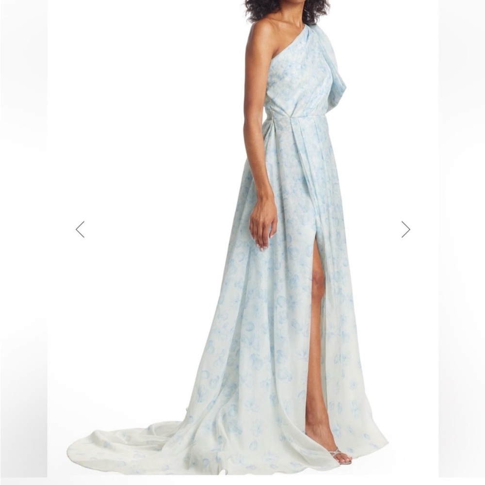 Sachin & Babi Anouk Blue & White One-Shoulder Bow Floral Print Gown w/ Train - 4